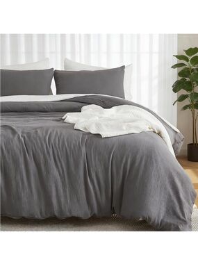 NEW EMME Muslin 100% Cotton Duvet Cover Set w/zipper. Dark Grey. Twin